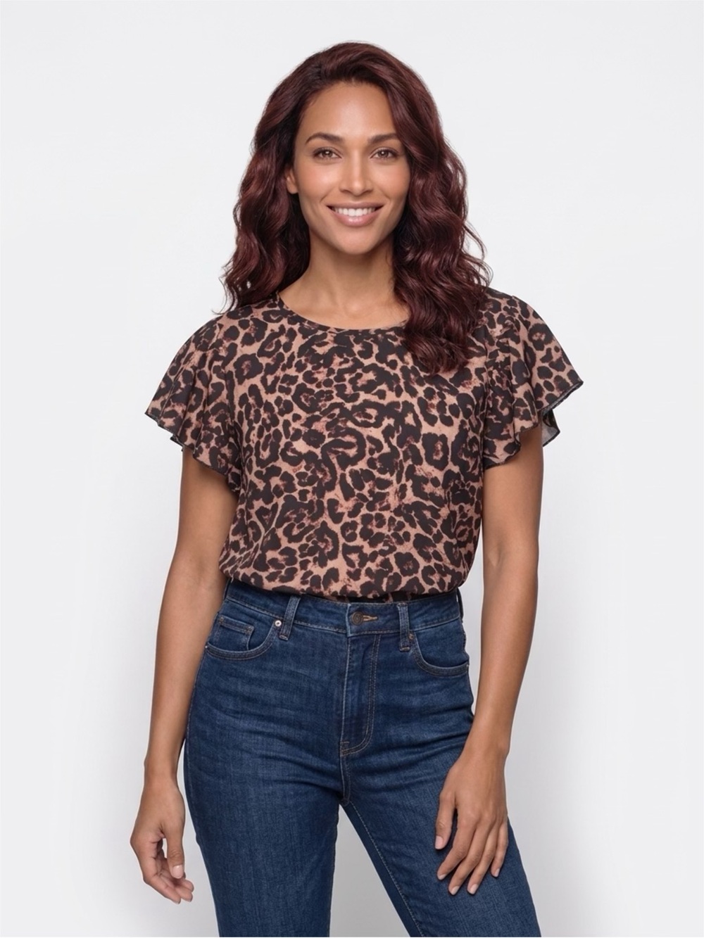 Leopard Print Flutter Sleeve Blouse - Brown/Black